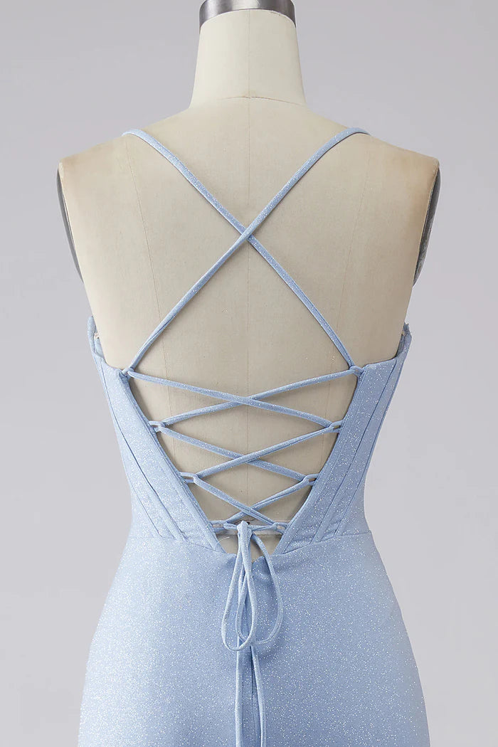 Robe Weitese scintillante bleu clair sirène à paillettes, robe de soirée longue sans manches avec fente, robe de bal